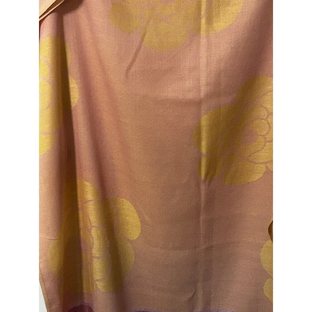 100% Pashmina Wrap Scarf Fringe Floral Print Metallic Thread Accents Preppy